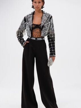 AKIRA Black Wide-Leg pants with Beaded Cropped Jacket